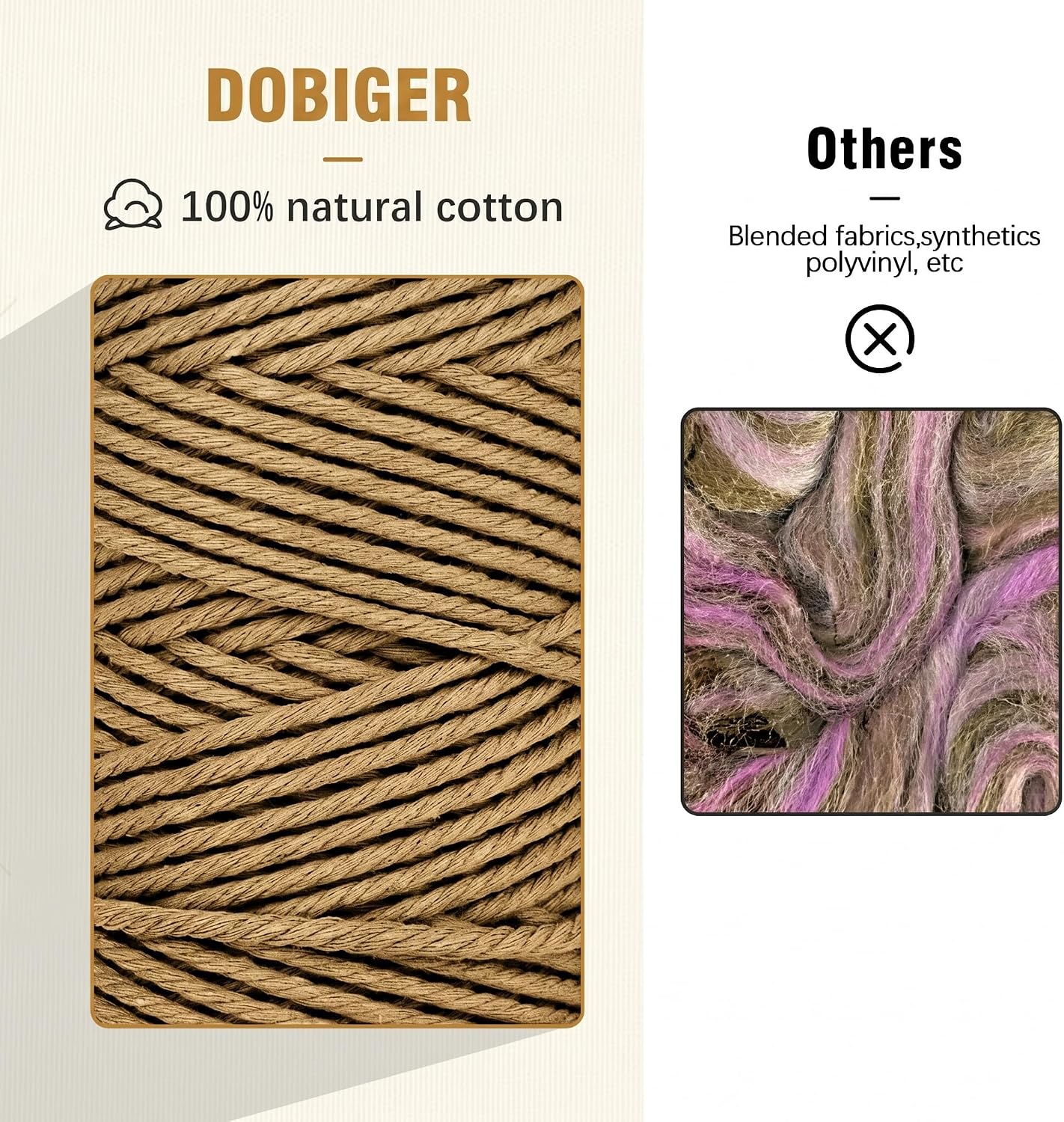 Detalle de Corde Macramé 3mm x 100m - Set de 3 bobines en coton naturel (Beige, Jaune Moutarde, Marron) pour Décoration et Suspension