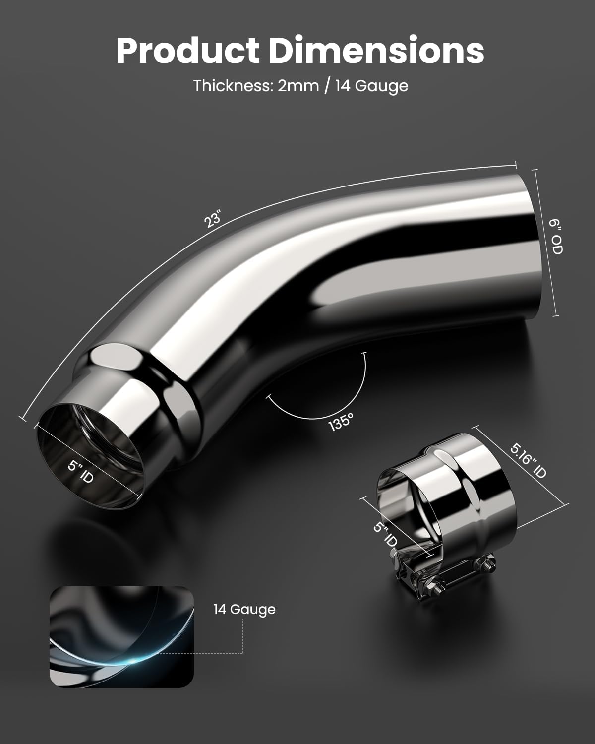Detalle de JY PERFORMANCE 5 Inch ID Diesel Exhaust Tip Elbow — 5" Inlet, 6" Outlet, 23" Long Chrome Turndown with Clamp