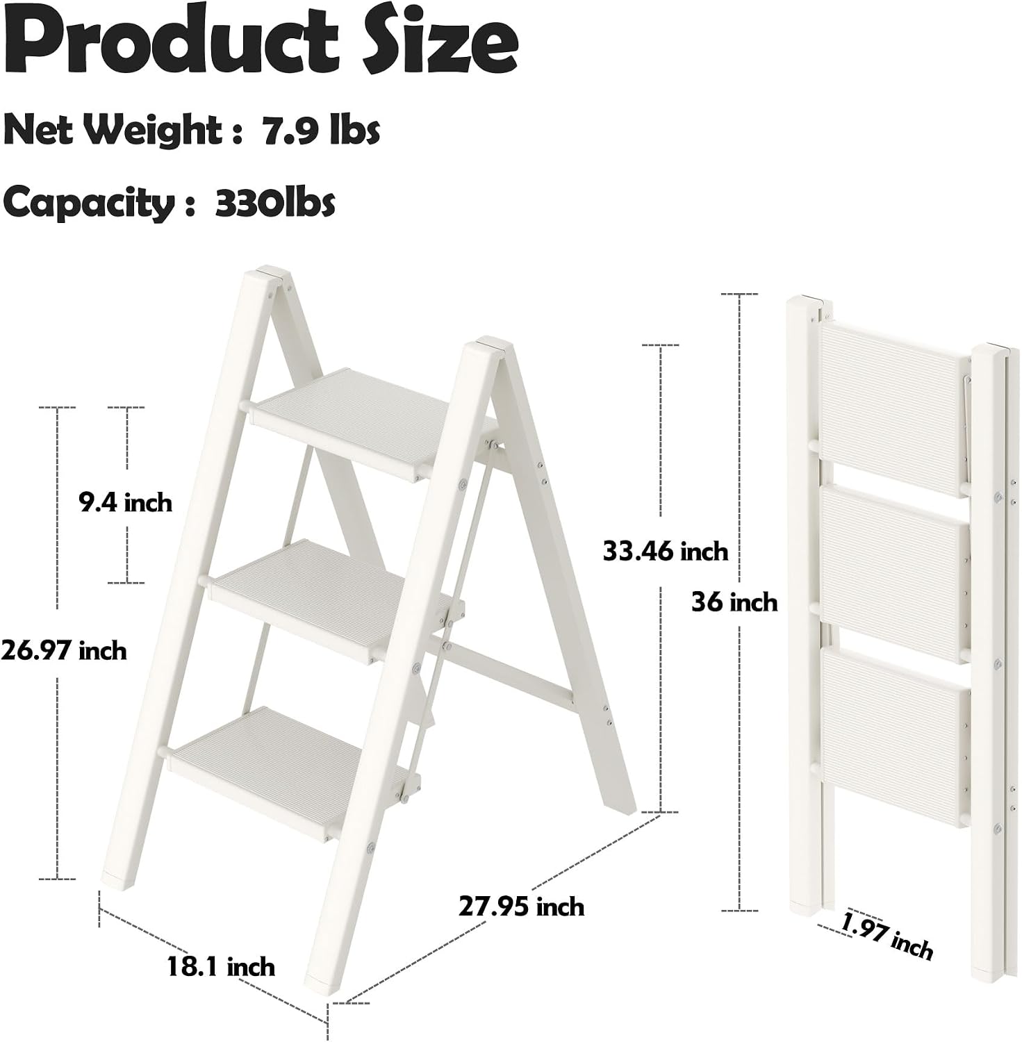 Thumbnail 5 de taranta L0203 3-Step Folding Aluminum Stool, White, Wide Anti-Slip Steps