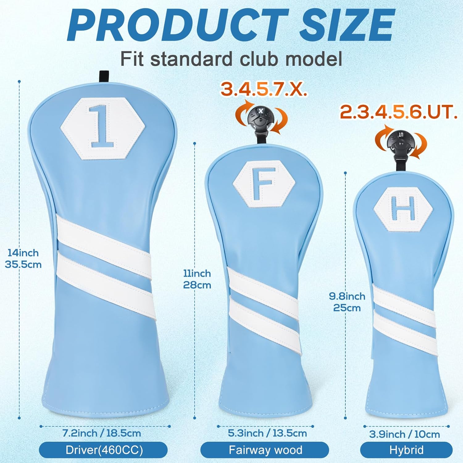 Thumbnail 5 de Golf Club Wood Head Covers for Driver, Fairway and Hybrid – Light Blue PU Leather