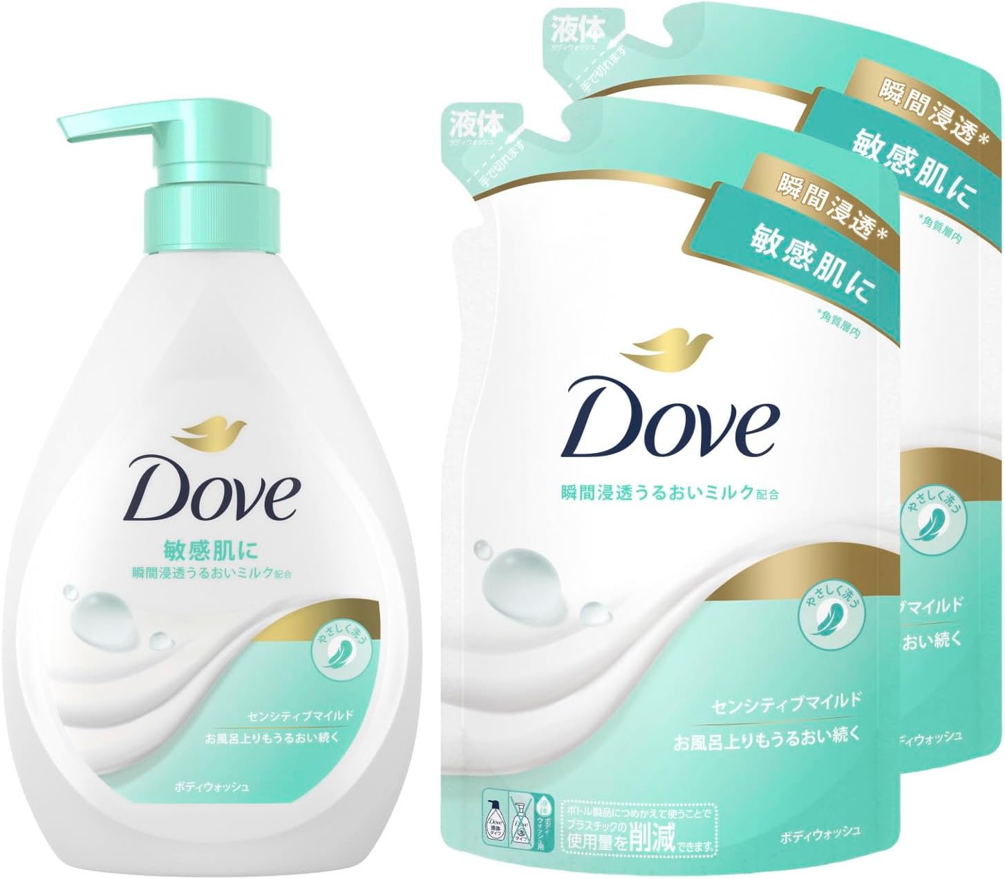 Detalle de Dove センシティブマイルド ボディウォッシュ 本体470g+詰め替え330g×2個、低刺激処方
