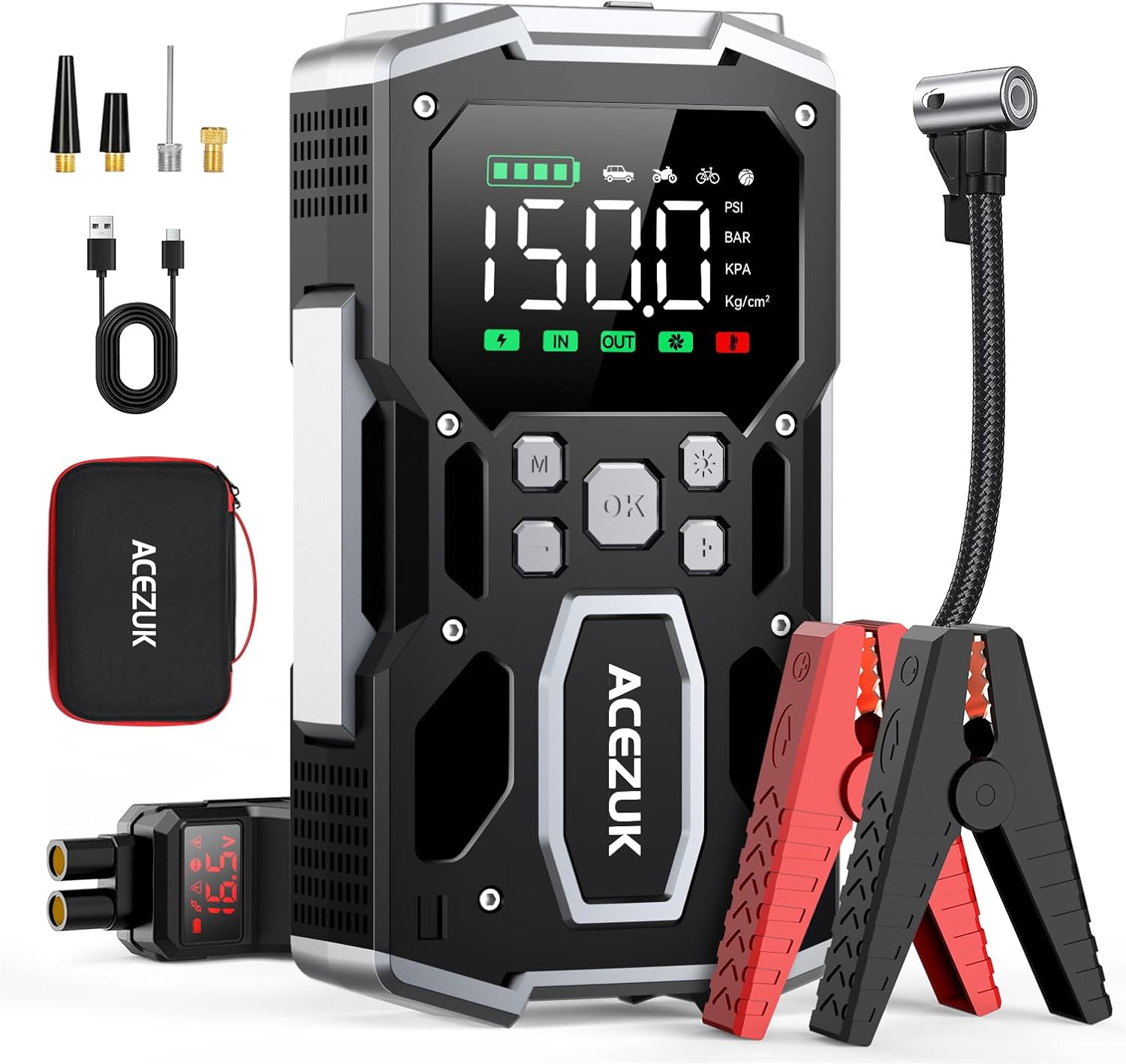 ACEZUK Avviatore Batteria Auto 12V 8000A con compressore 150 PSI e display 3,4