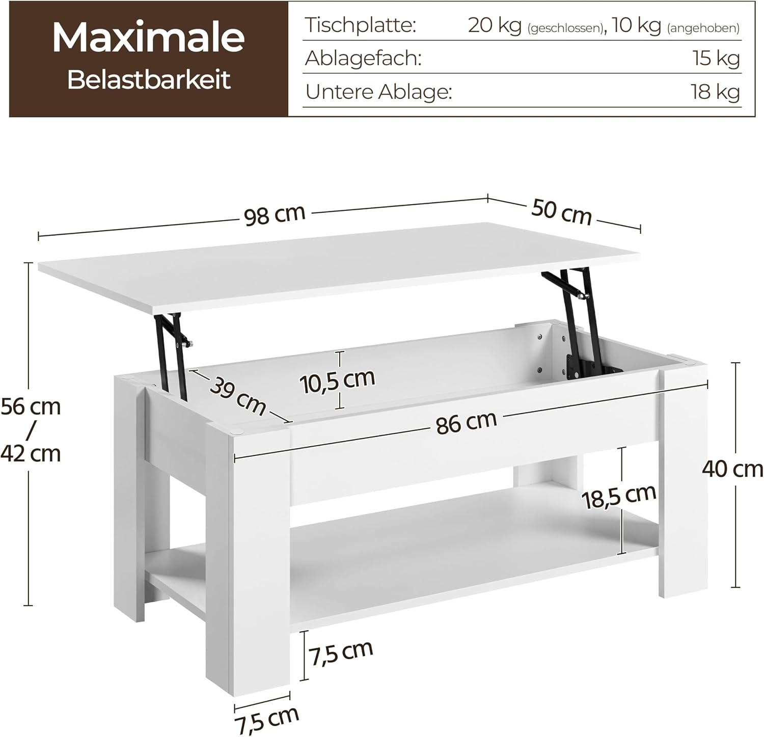 Thumbnail 2 de Yaheetech Couchtisch mit Höhenverstellbarer Platte – Kaffeetisch mit Lift-Top, weiß