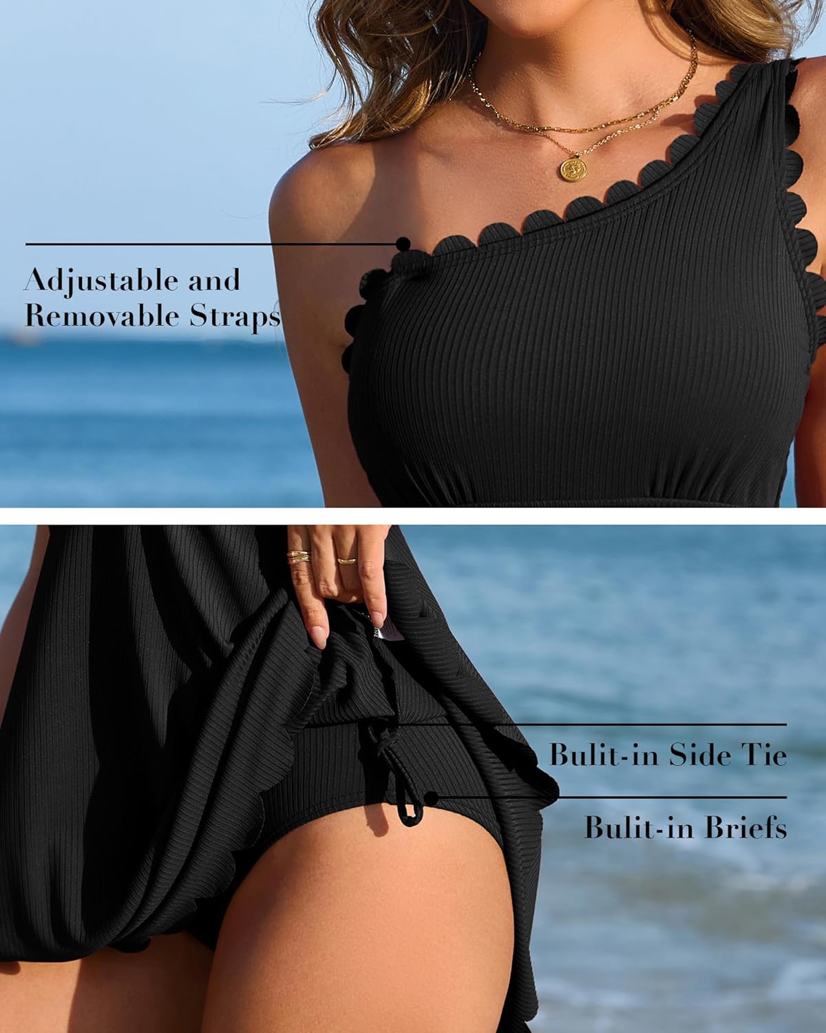 Thumbnail 3 de Charmo Ribbed One-Shoulder Swim Dress with Scalloped Details & Tummy Control