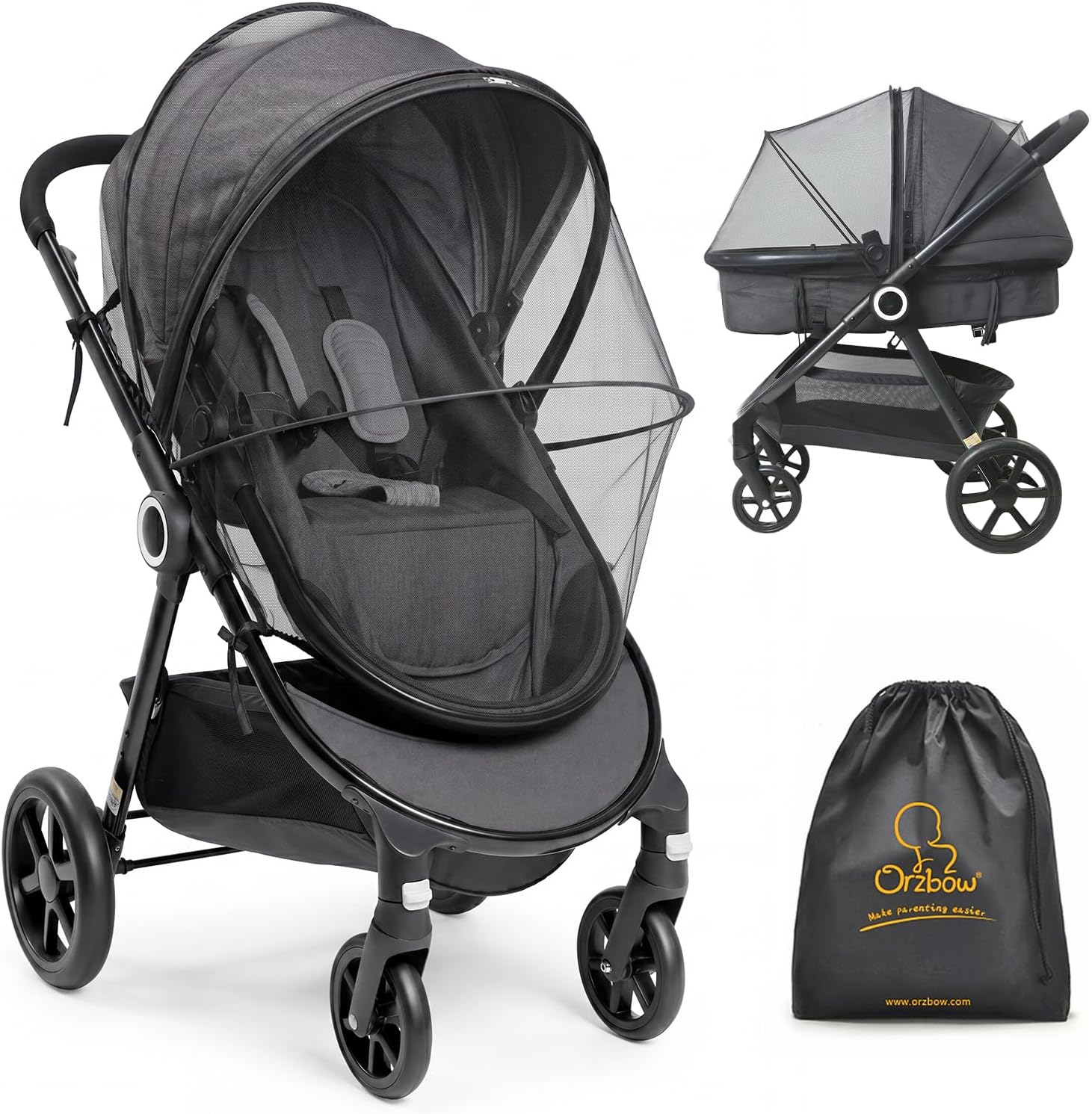 Detalle de Orzbow Mosquitera Carrito Bebe Universal: red antimosquitos 3D PVC con cremallera para capazo y cochecito (Negro)