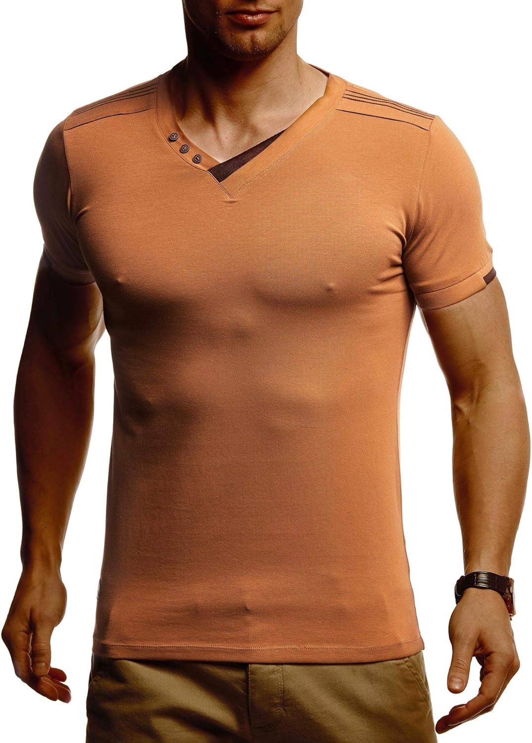Detalle de Leif Nelson LN1355 : T-shirt à manches courtes et col en V pour homme, coupe ajustée
