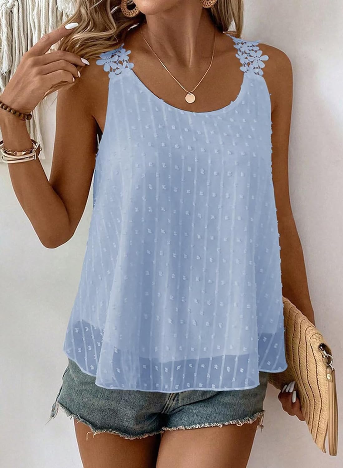Thumbnail 3 de Womens Tank Tops Flowy Sleeveless Summer Boho Tank Top for Women Casual Crewneck Strap Lace Camisole Shirts
