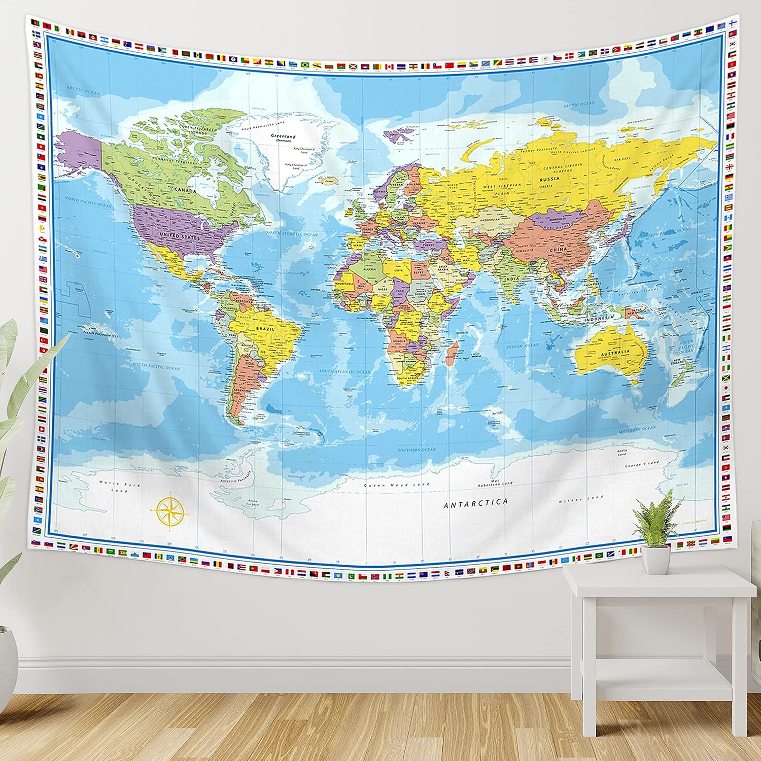 Detalle de 世界地図タペストリー 60x80 In|国旗付き、子ども部屋や教室の地理学習に
