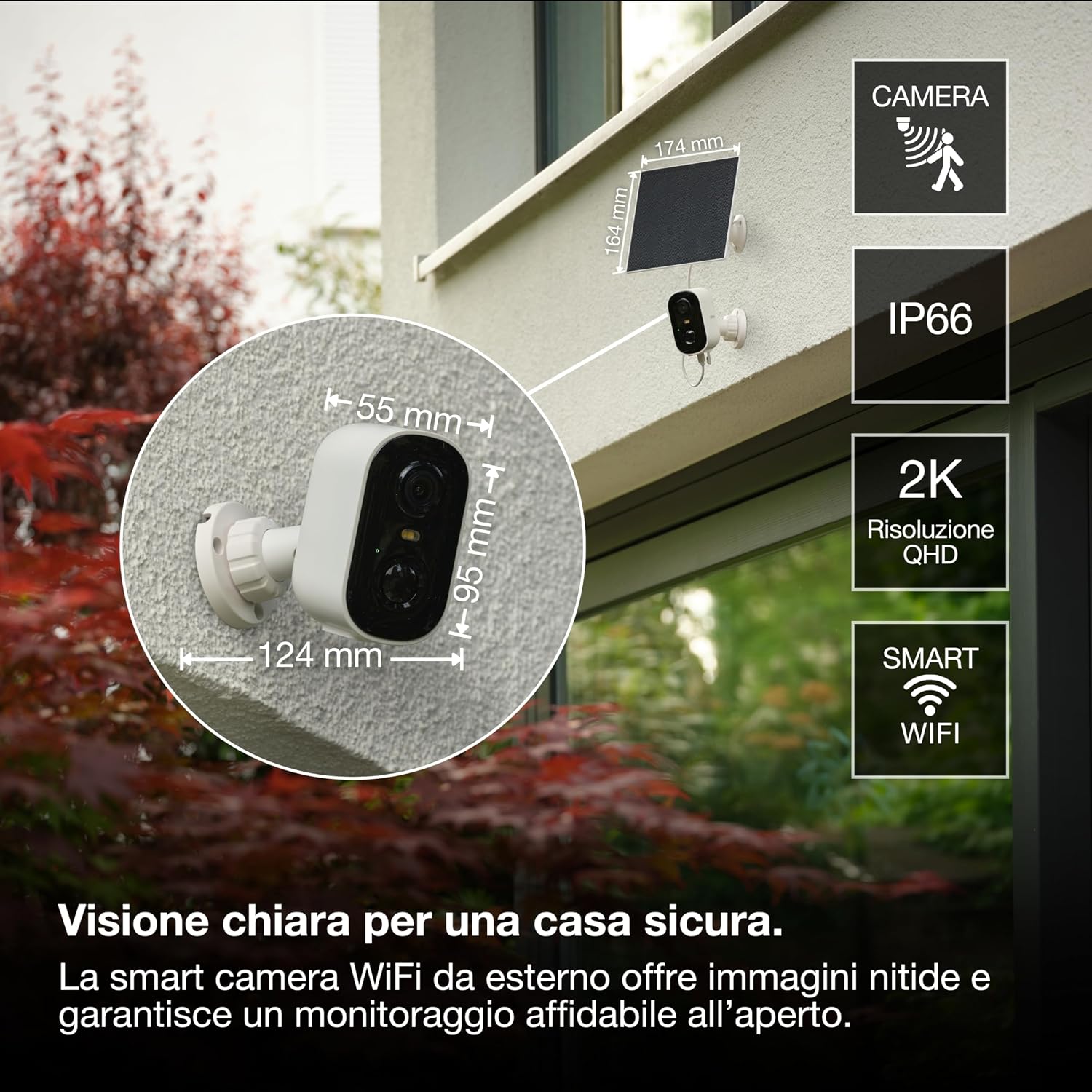 Detalle de OSRAM Telecamera solare per esterni SMART+ WiFi 4 MP 2K IP66 con PIR, batteria 5200 mAh e Alexa (bianco)