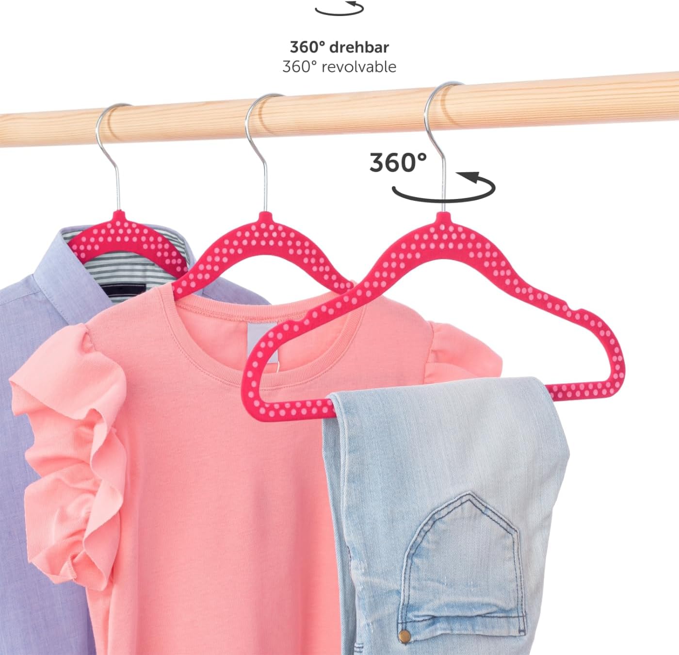 Detalle de Laleni Kinder-Kleiderbügel 30er Set aus Samt – platzsparend, 360° drehbar, rutschfest (rosa mit Punkten)