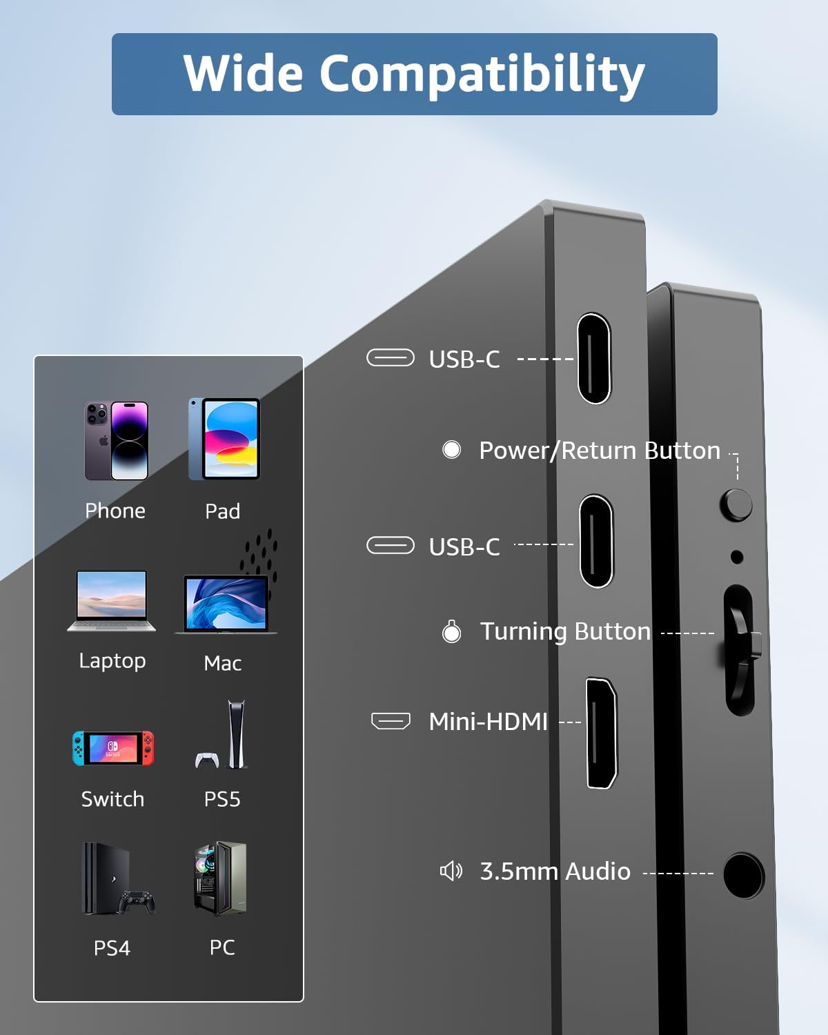 Detalle de Yodoit Portable Monitor mit Touchscreen 15,6 Zoll – USB-C/HDMI, FHD IPS, integrierte Lautsprecher, Smart Cover