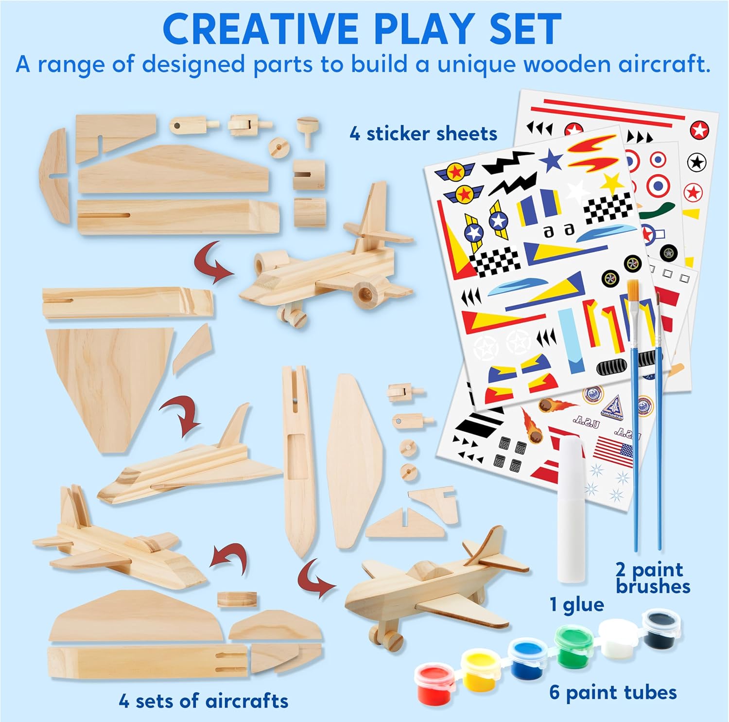 Detalle 2 de Klever Kits 4PC Airplane Painting Kit: Create Your Own Wooden Aircrafts for Kids (Ages 6–12)