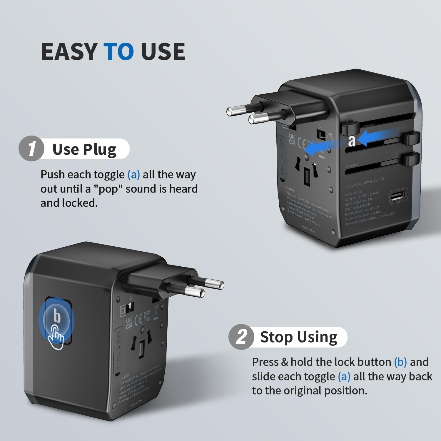 Detalle de EPICKA Adattatore Universale da Viaggio 30W: 6in1 con USB-C e USB-A, spina per oltre 200 paesi