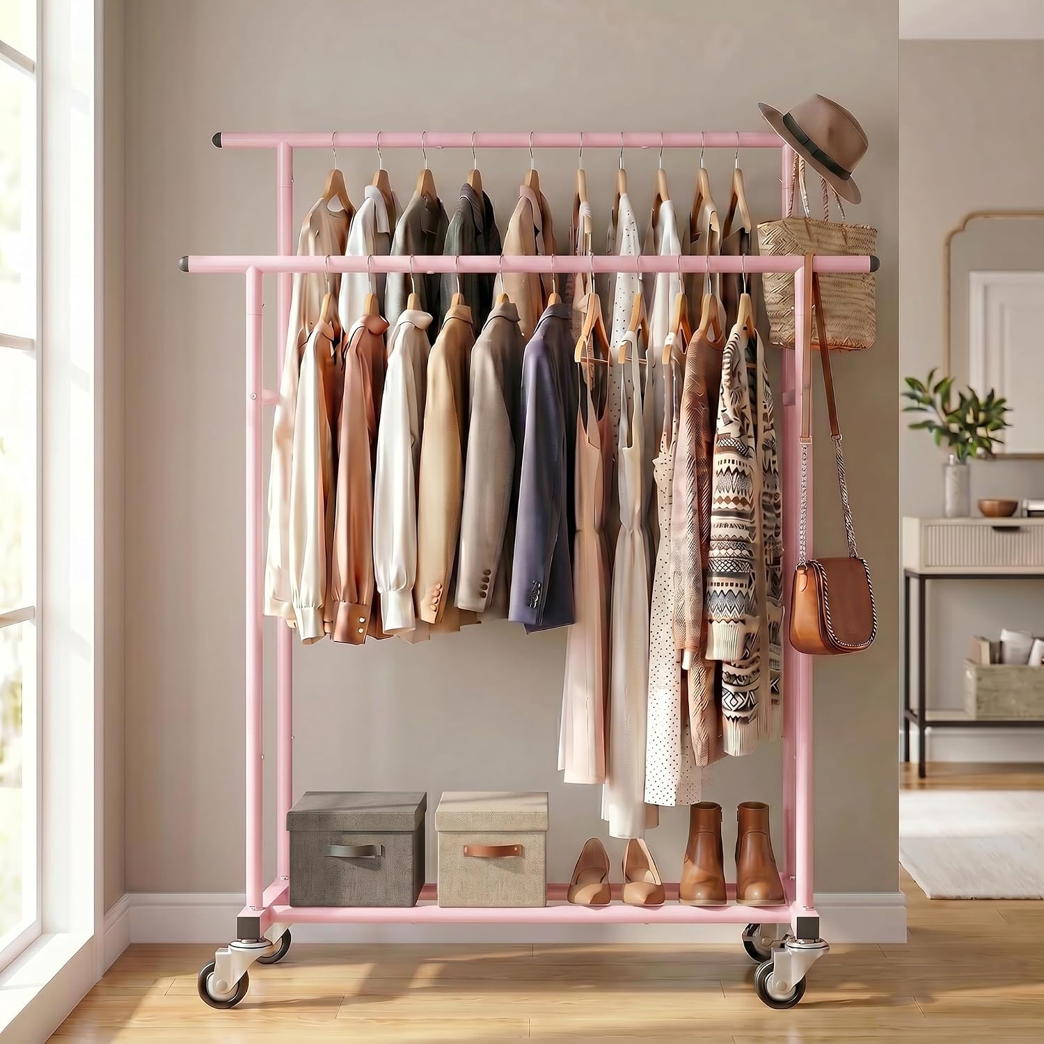 Thumbnail 6 de Calmootey Rolling Garment Rack, Double-Rod Pink Metal Clothes Organizer
