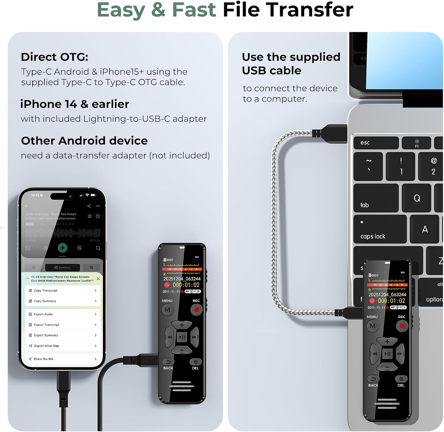 Thumbnail 6 de EVISTR L359 Digital Voice Recorder, 128GB with AI Transcription and OTG