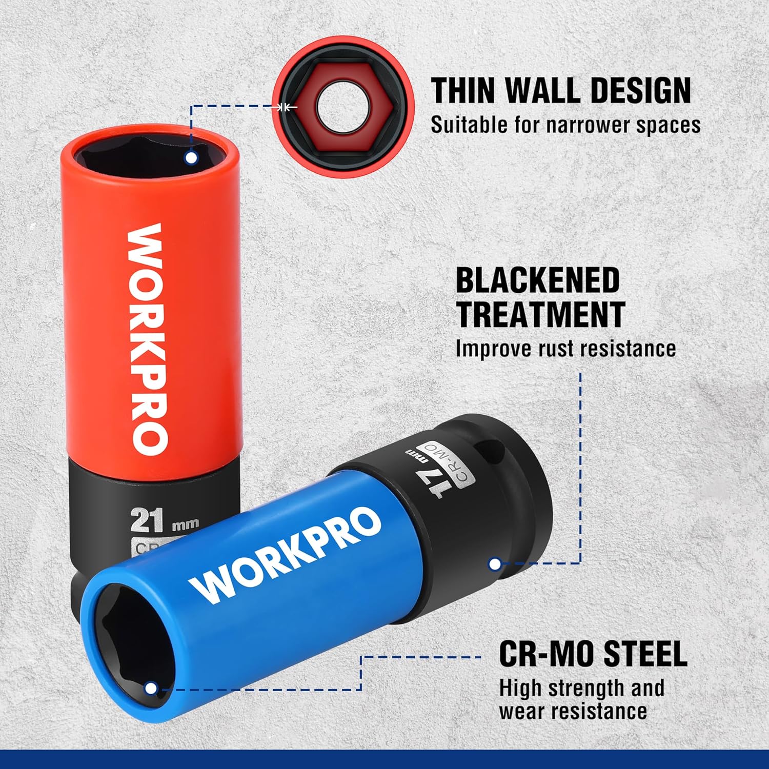 Thumbnail 3 de WORKPRO 1/2-inch Drive Thin Wall Lug Nut Impact Socket Set (17mm, 19mm, 21mm) – 3 pcs with storage case