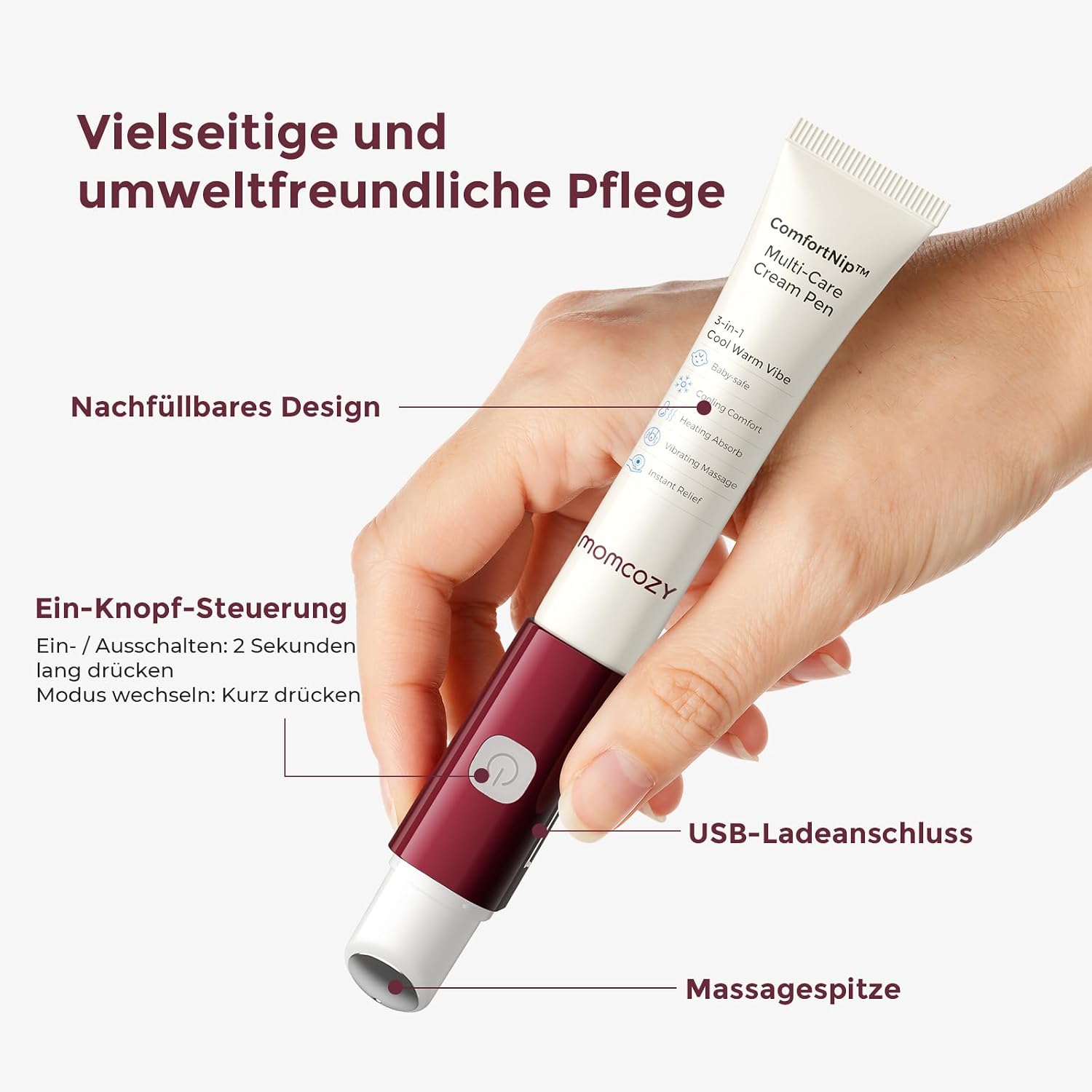 Detalle de Momcozy ComfortNip Brustwarzensalbe Stillen – 3-in-1 Wärme-/Kühl-/Vibrations-Stift mit Edelstahlkopf
