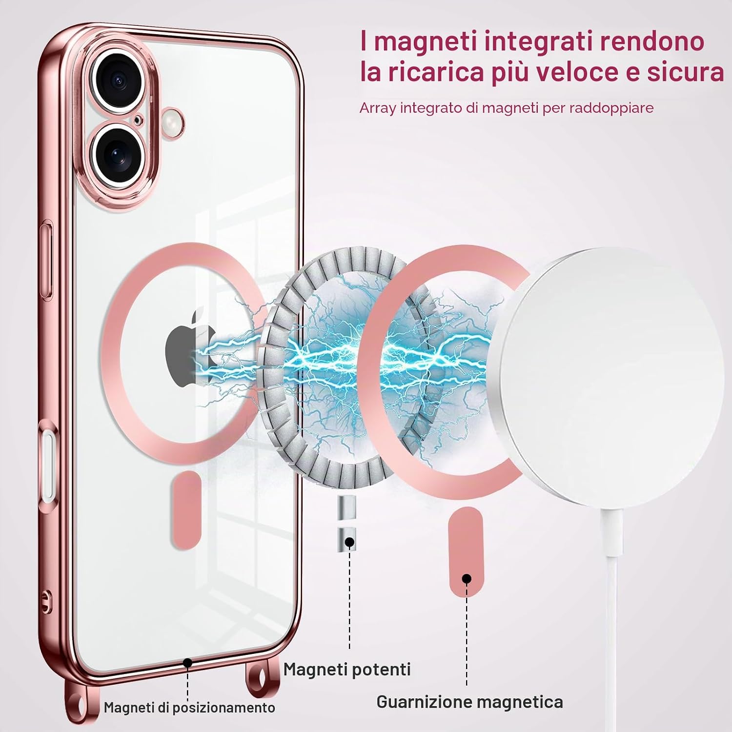 Detalle de Oelrstfe Cover Magnetica Trasparente con Cordino per iPhone 16 – Custodia sottile in silicone con laccio regolabile e magnetico integrato