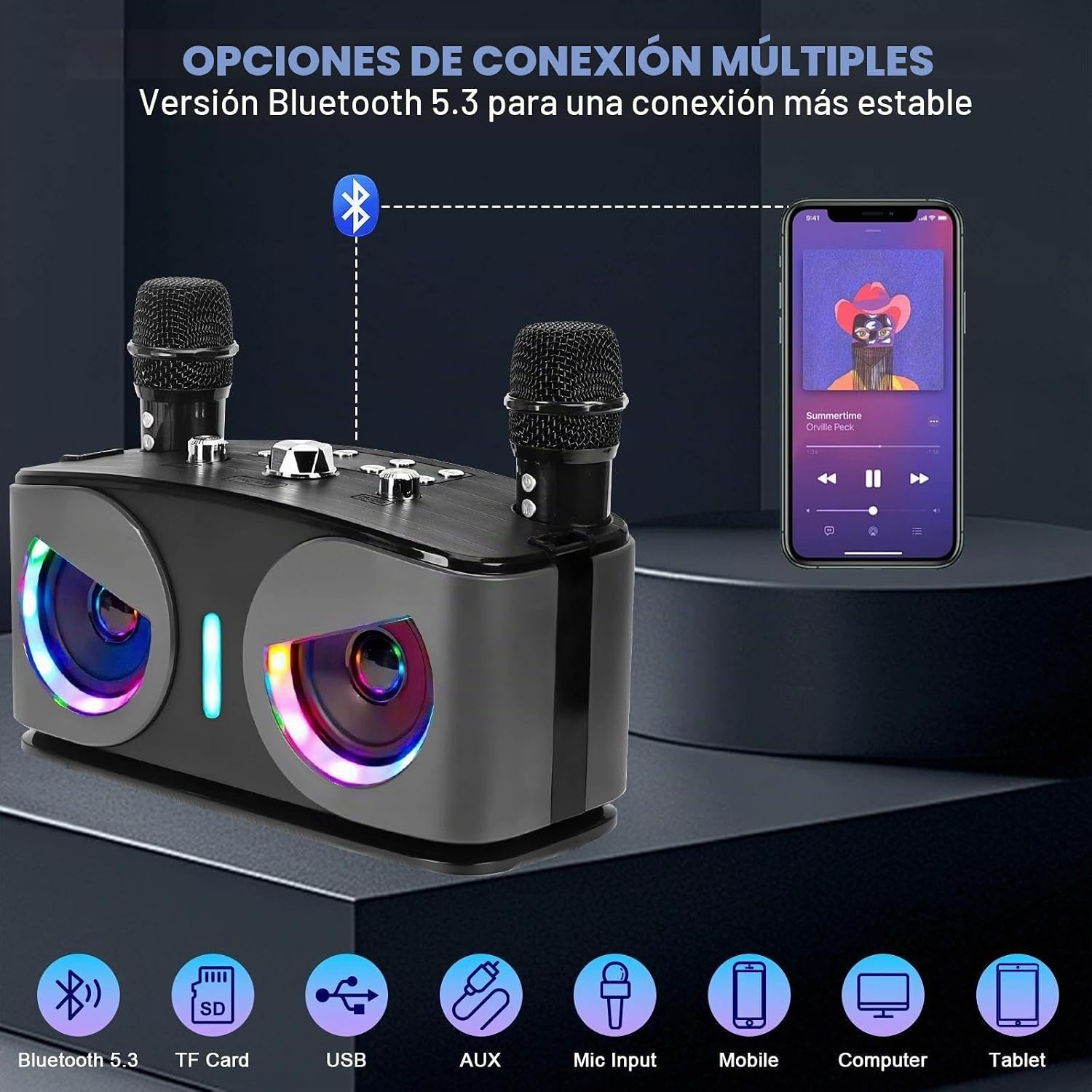 Thumbnail 1 de Máquina de Karaoke Drepint: dúo de micrófonos inalámbricos, Bluetooth 5.3 y luces LED para fiestas
