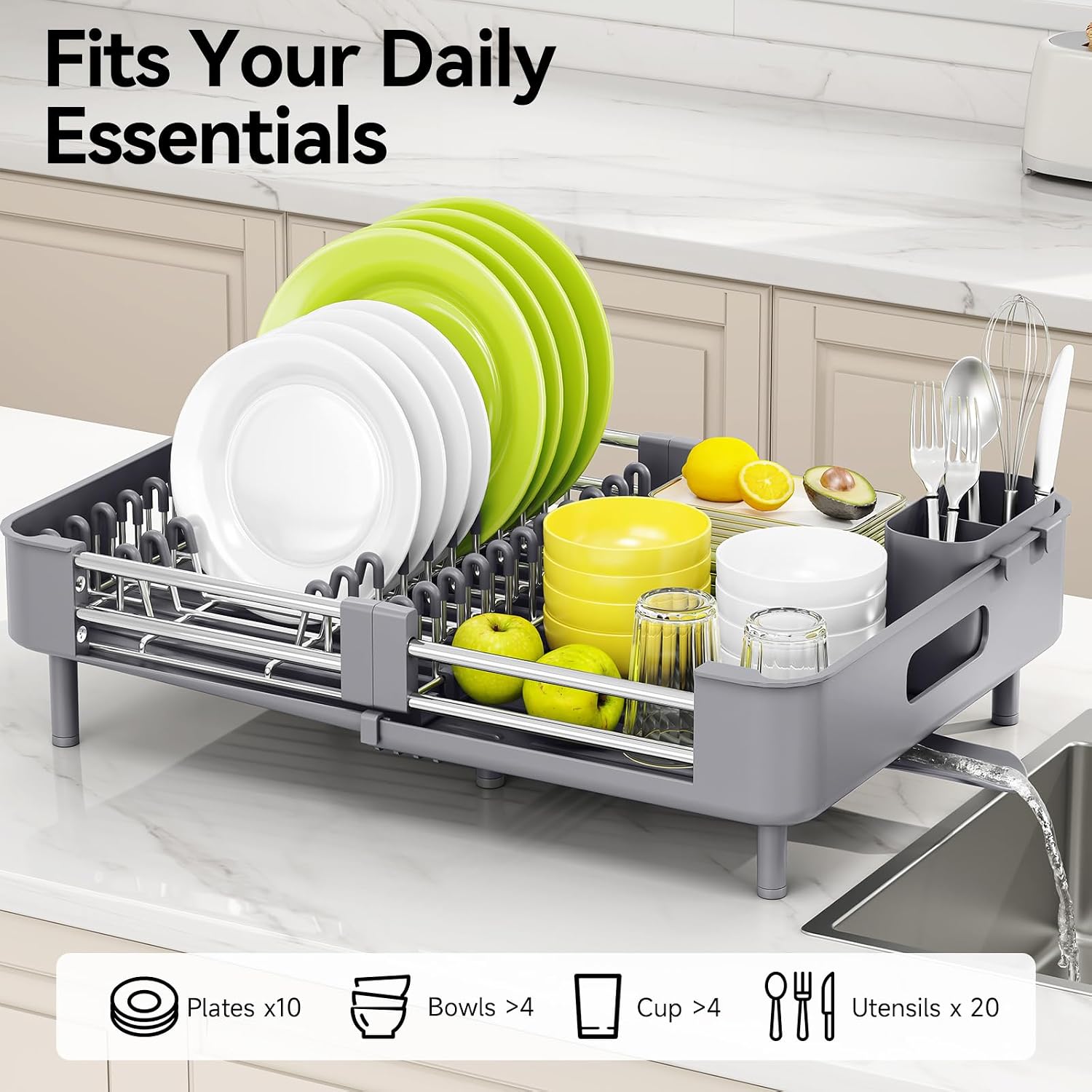 Detalle de Urackify Extendable Stainless Steel Dish Drying Rack, Grey, 18.7-Inch Length