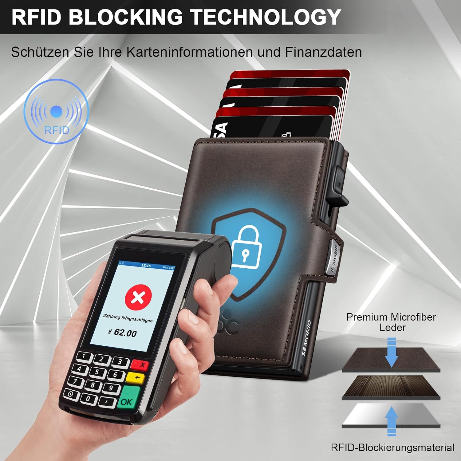 Detalle de SEMORID Geldbörse Herren – Slim Wallet mit Pop-up Kartenfach, RFID-Schutz und Münzfach
