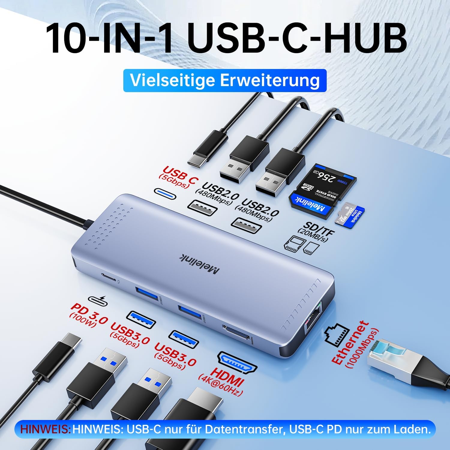 Detalle 2 de Melelink USB C Hub Ethernet 10in1 Dock