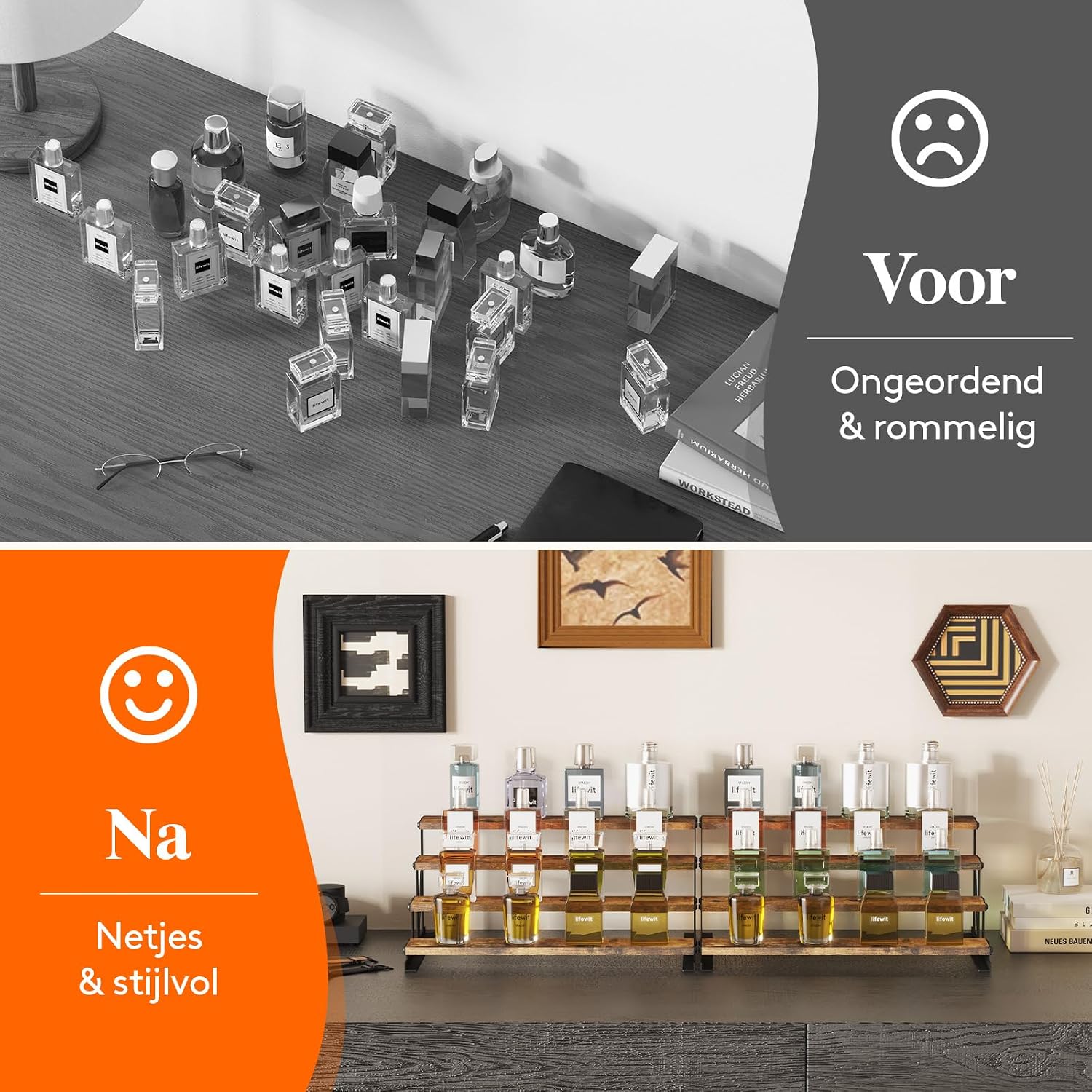 Thumbnail 1 de Lifewit 24461 displaystandaard met 4 niveaus, hout en zwart metaal