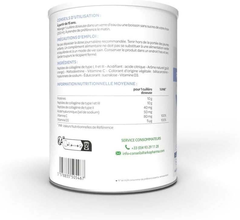 Detalle de Arkopharma Collagène Peau Cheveux Os & Muscles 260 g — complément alimentaire pour peau, cheveux, ongles, os et muscles