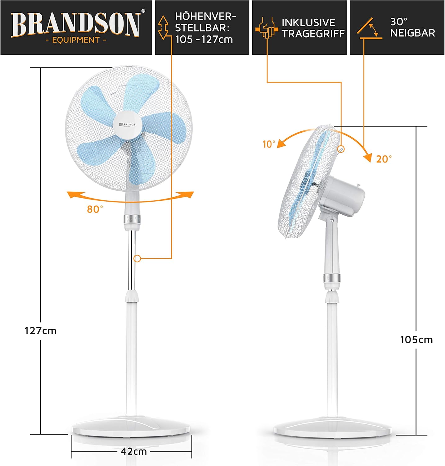Thumbnail 2 de Brandson Standventilator 40 cm • 50 W – höhenverstellbar, Neigungswinkel 30°, 3 Geschwindigkeiten, 80° Oszillation