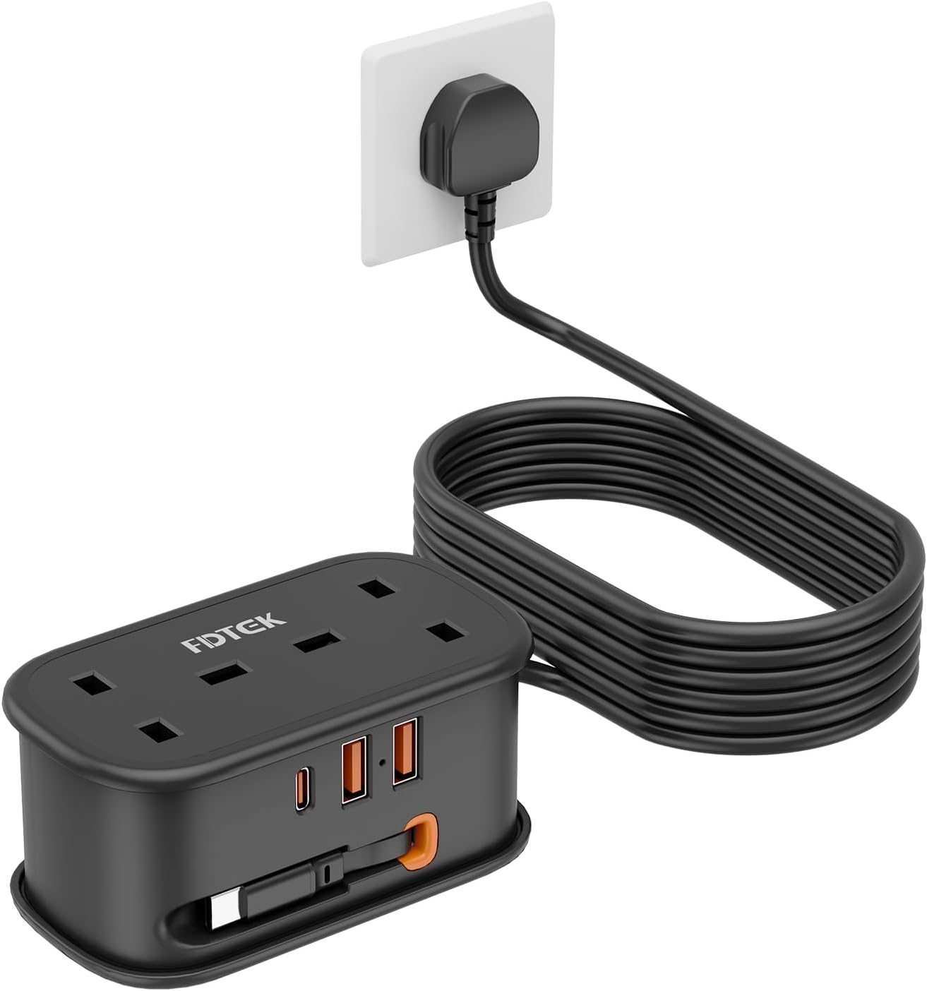 Detalle de FDTEK Travel Extension Lead (2-way power strip with retractable USB-C cable and 3 USB ports) – 1.5m UK travel extension