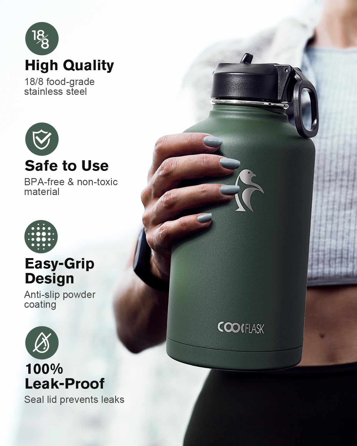 Thumbnail 2 de Coolflask 64 oz Half Gallon Insulated Water Bottle (Dark Green) with Straw & 3 Lids