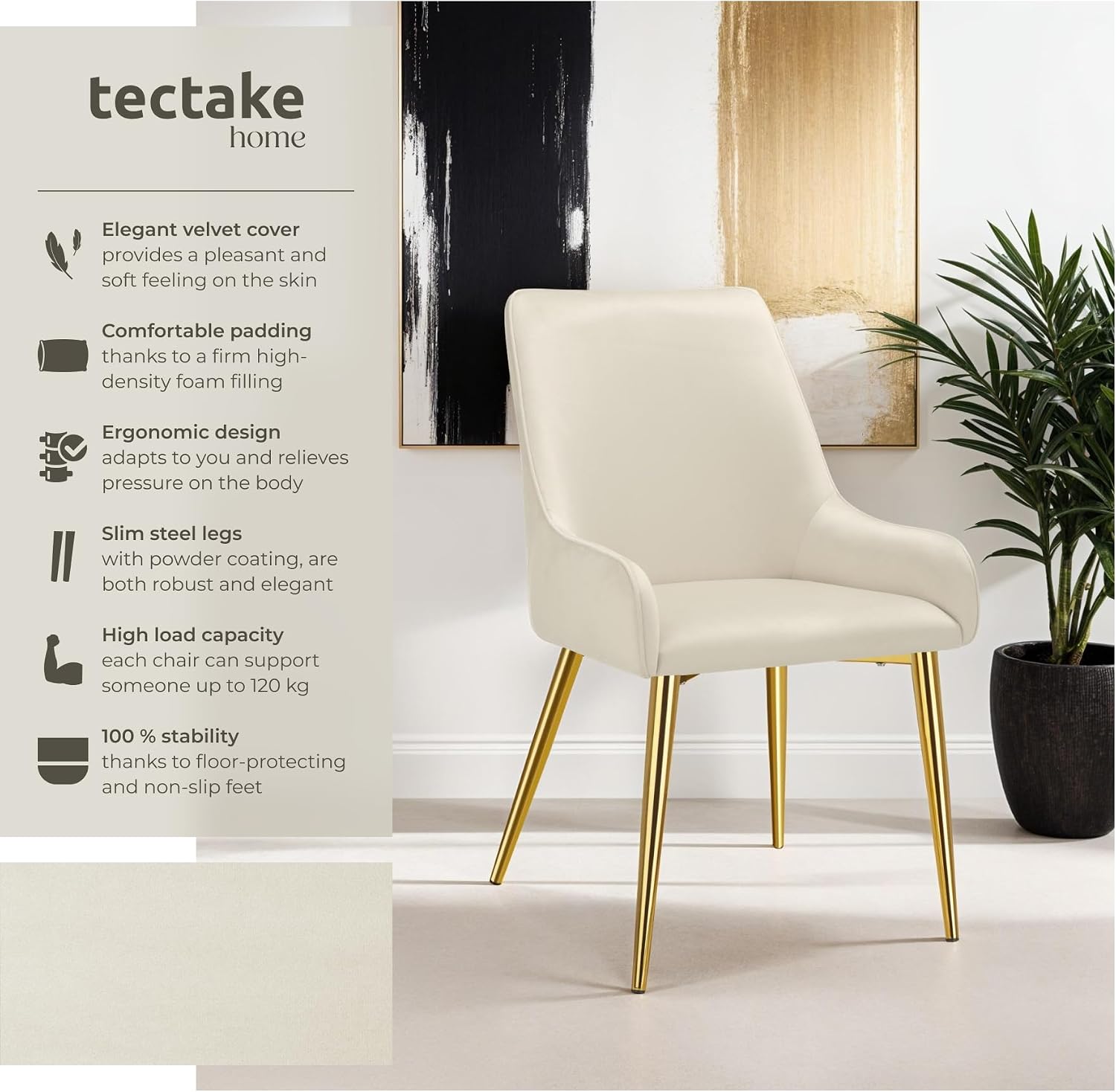 Detalle 2 de tectake Avane 405476 matstolar i sammet, beige 2-pack, vadderade, 120 kg
