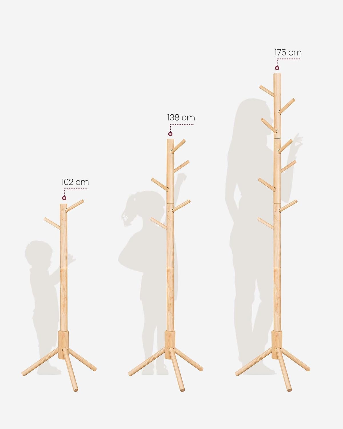Detalle 2 de VASAGLE RCR004N01 Solid Wood Coat Stand, 8 Hooks, 3 Height Settings