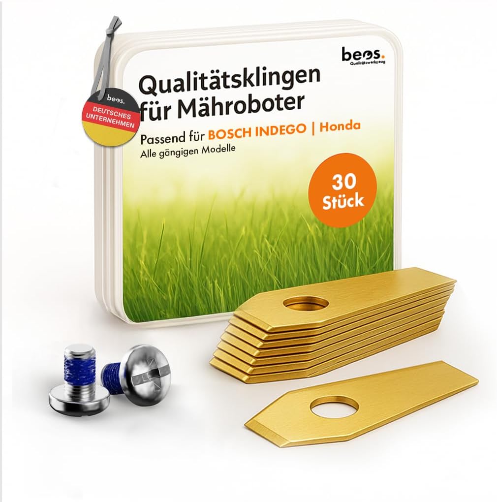 beos 30 x Premium Titan Ersatzmesser für Bosch Indego & Honda Miimo inkl. Schrauben mit Sicherung