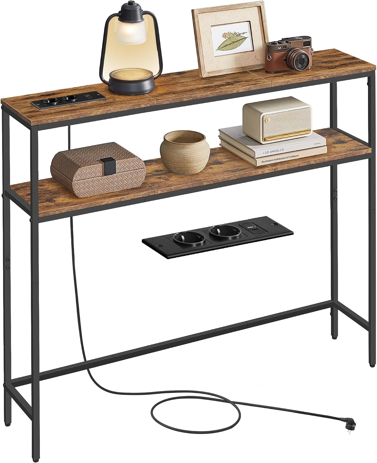 Detalle de VASAGLE LNT136KD01 consoletafel met stopcontact, 2 legplanken, 100 x 20 x 81 cm