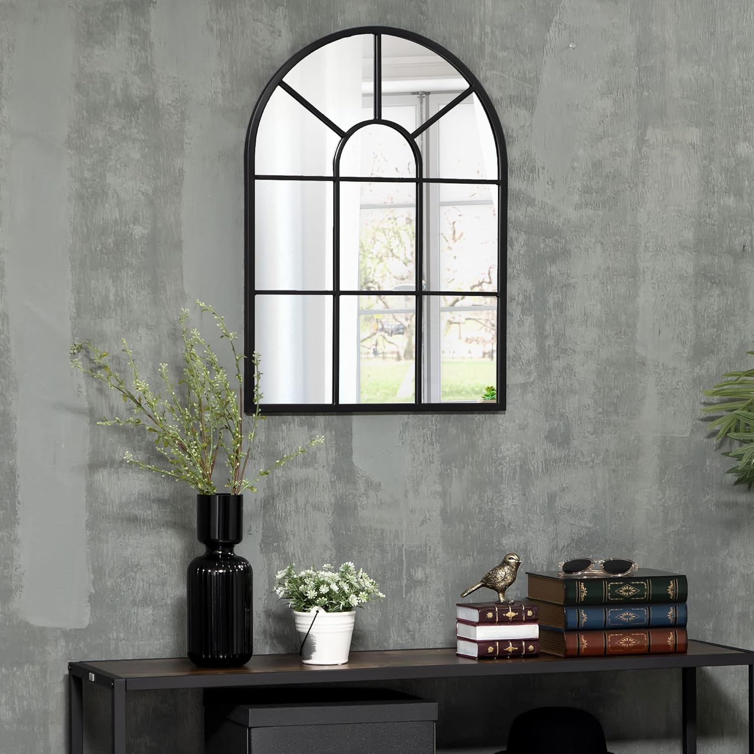 Detalle 2 de HOMCOM Miroir mural arqué 70 x 50 cm style verrière industrielle (cadre métallique noir)