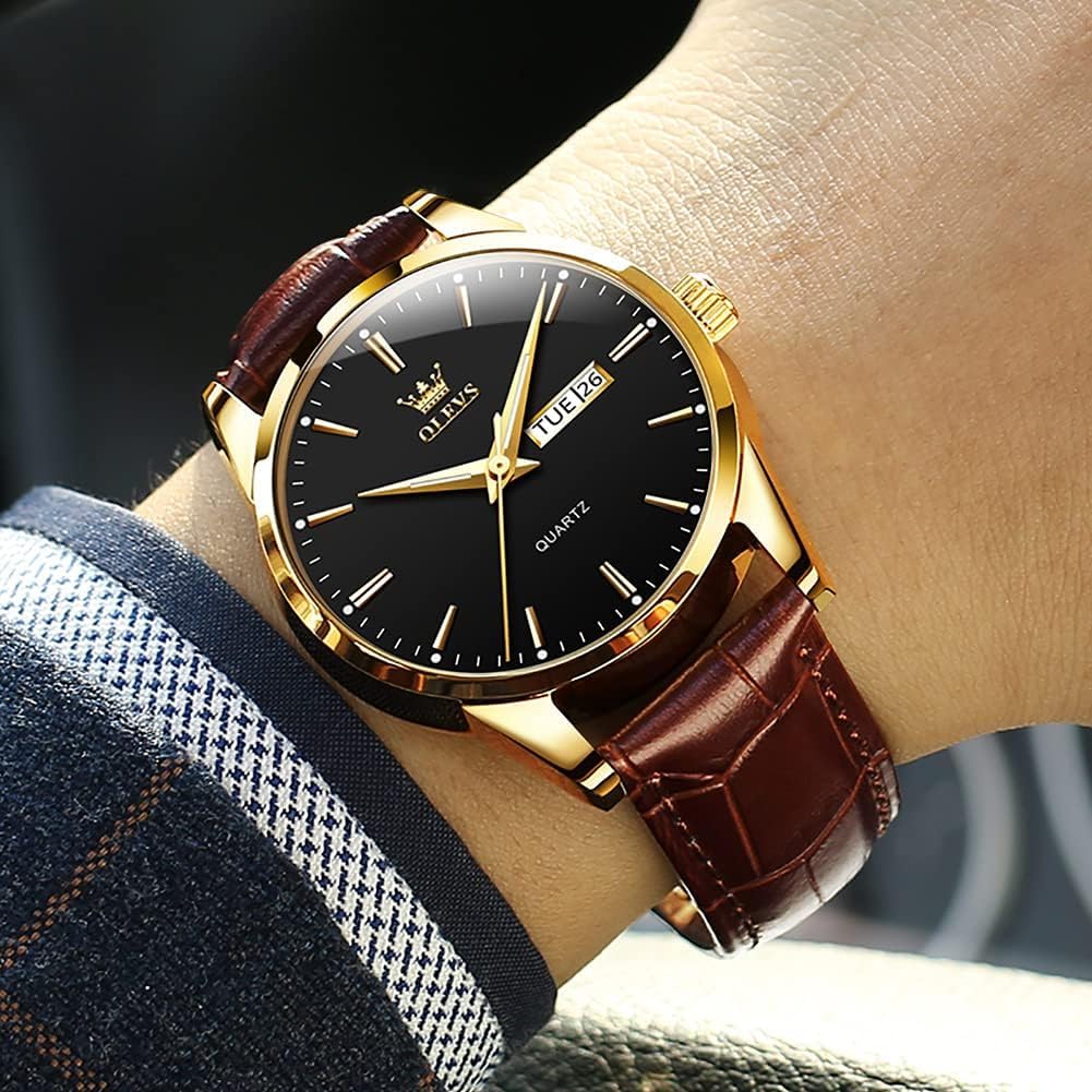 Detalle 2 de OLEVS Herrenarmbanduhr Braun/Schwarz Lederband, Quarz, Datum & Wochentag, Leuchtzeiger, 30 m Wasserdicht – elegantes Geschenk