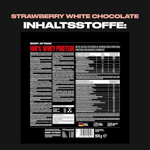 Detalle de Body Attack 100% Whey Protein Strawberry White Choc., 900 g – Cremiges Eiweißpulver mit Hydrolysat & BCAA für Muskelaufbau