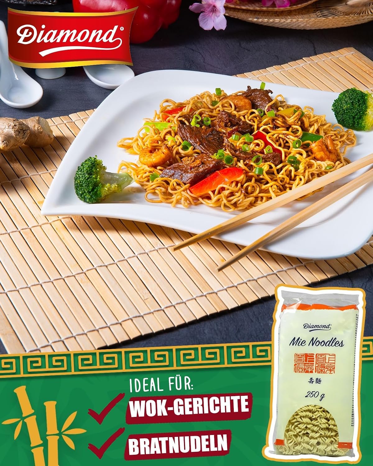 Detalle de DIAMOND Mie Nudeln – Weizennudeln ohne Ei, 8 × 250 g