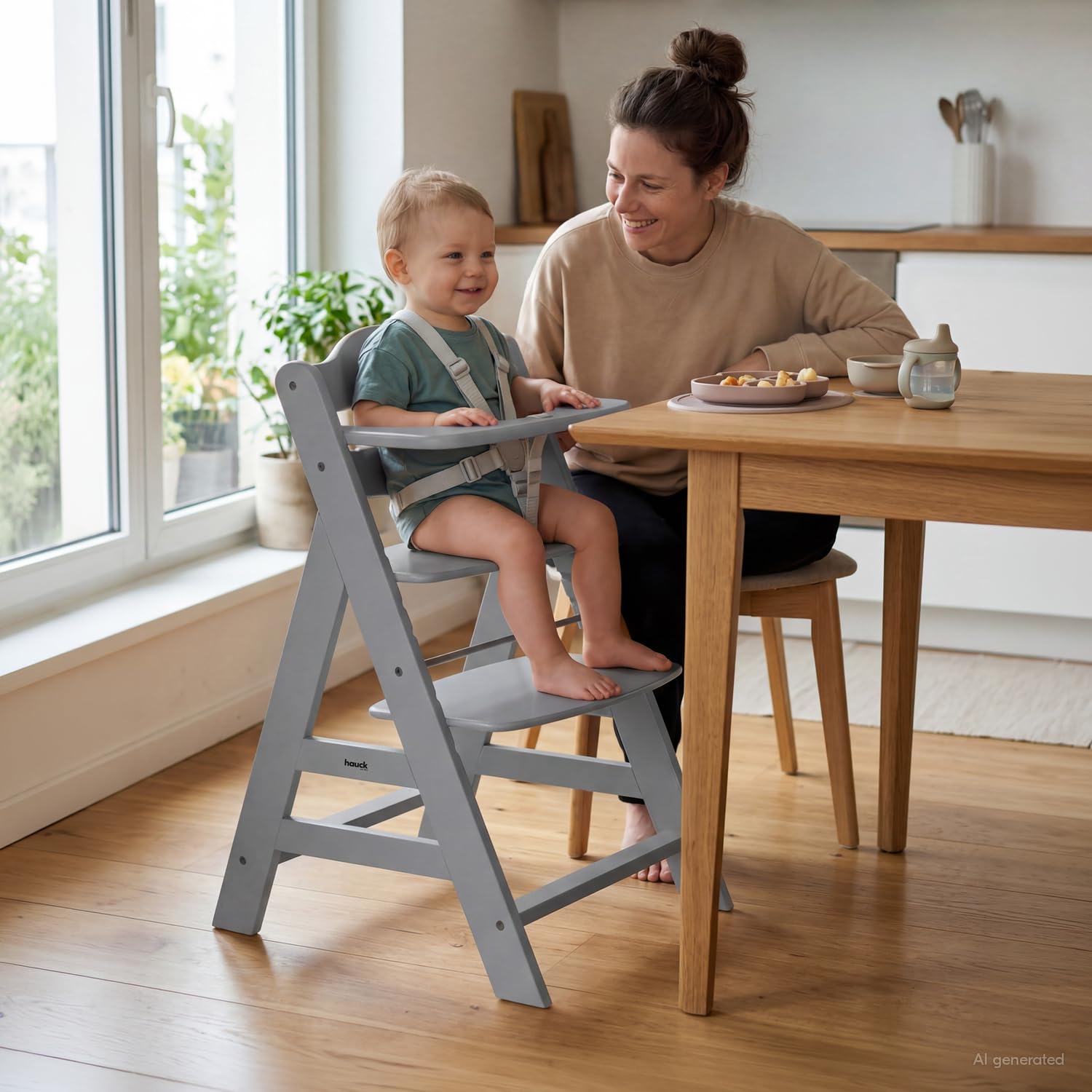 Detalle 2 de hauck Alpha+ Grey – Mitwachsender Holzhochstuhl aus Buche, bis 90 kg, inkl. 5-Punkt-Gurt und Zubehör
