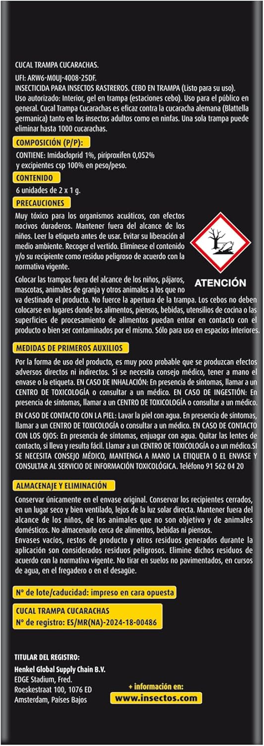 Detalle de Cucal Insecticida Trampa Cucarachas Doble Cebo (pack de 3, 18 trampas) para acción por contagio y hasta 6 meses