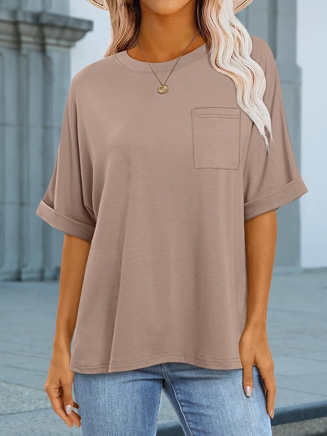 Detalle de ANRABESS Women's Oversized Short-Sleeve T-Shirt with Chest Pocket
