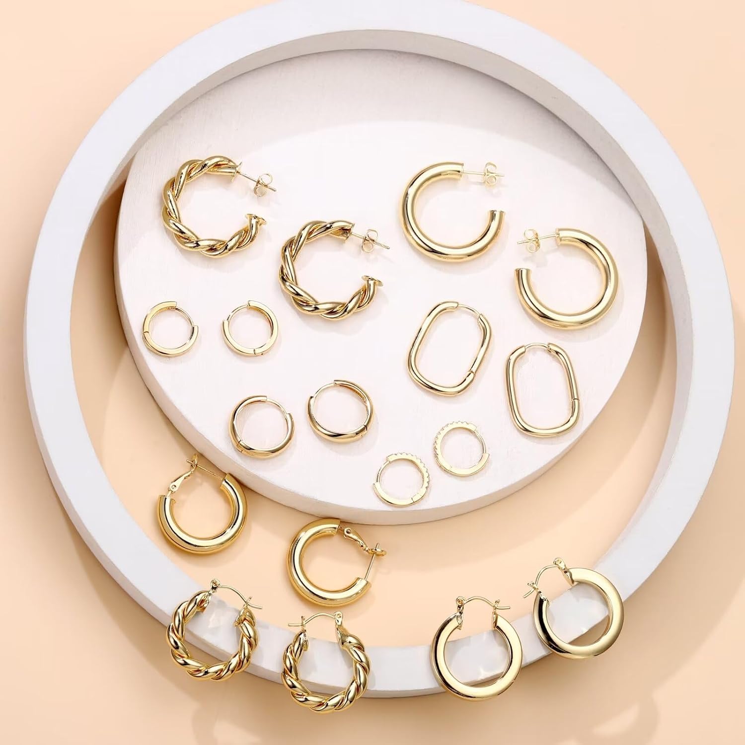 Thumbnail 6 de TINGN Boucles d'oreilles créoles épaisses – argent sterling 925 & plaqué or 14K, hypoallergéniques, 9 paires variées