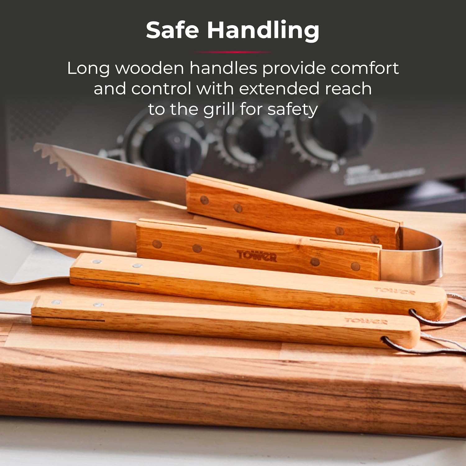 Detalle de Tower BBQ 4 Piece Tool Set with Wooden Handles and Carry Case (T932005)