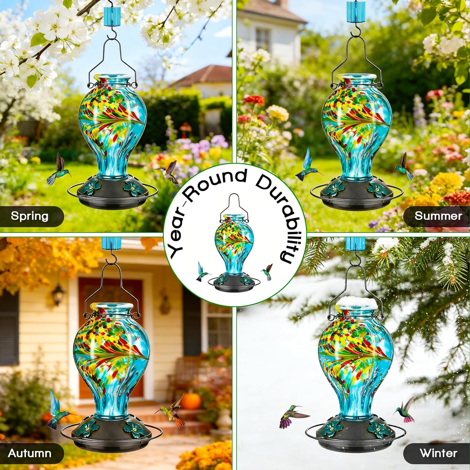 Thumbnail 6 de Tegarbed Hand Blown Glass Hummingbird Feeder, 24oz Blue Phoenix