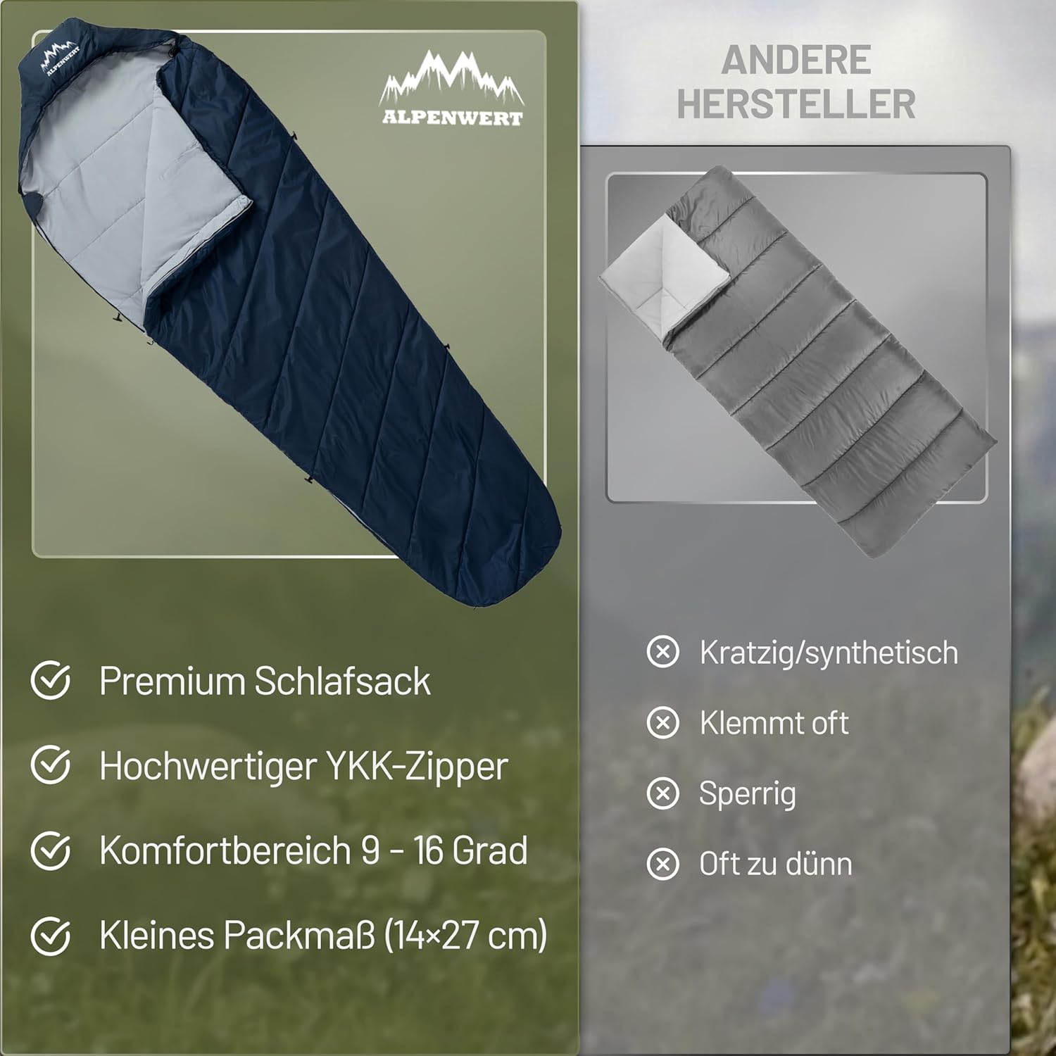 Detalle 2 de ALPENWERT Schlafsack Sommer Ultraleicht & klein – kompakt, wasserabweisend und komfortabel für Camping