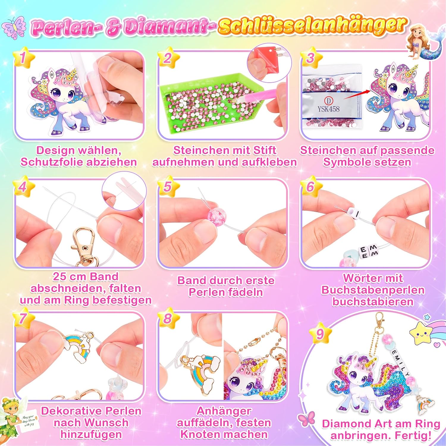 Detalle 2 de Geschenk Mädchen Diamond Painting 2-in-1 Bastelset – Schlüsselanhänger & Diamantenschmuck (6 Motive)
