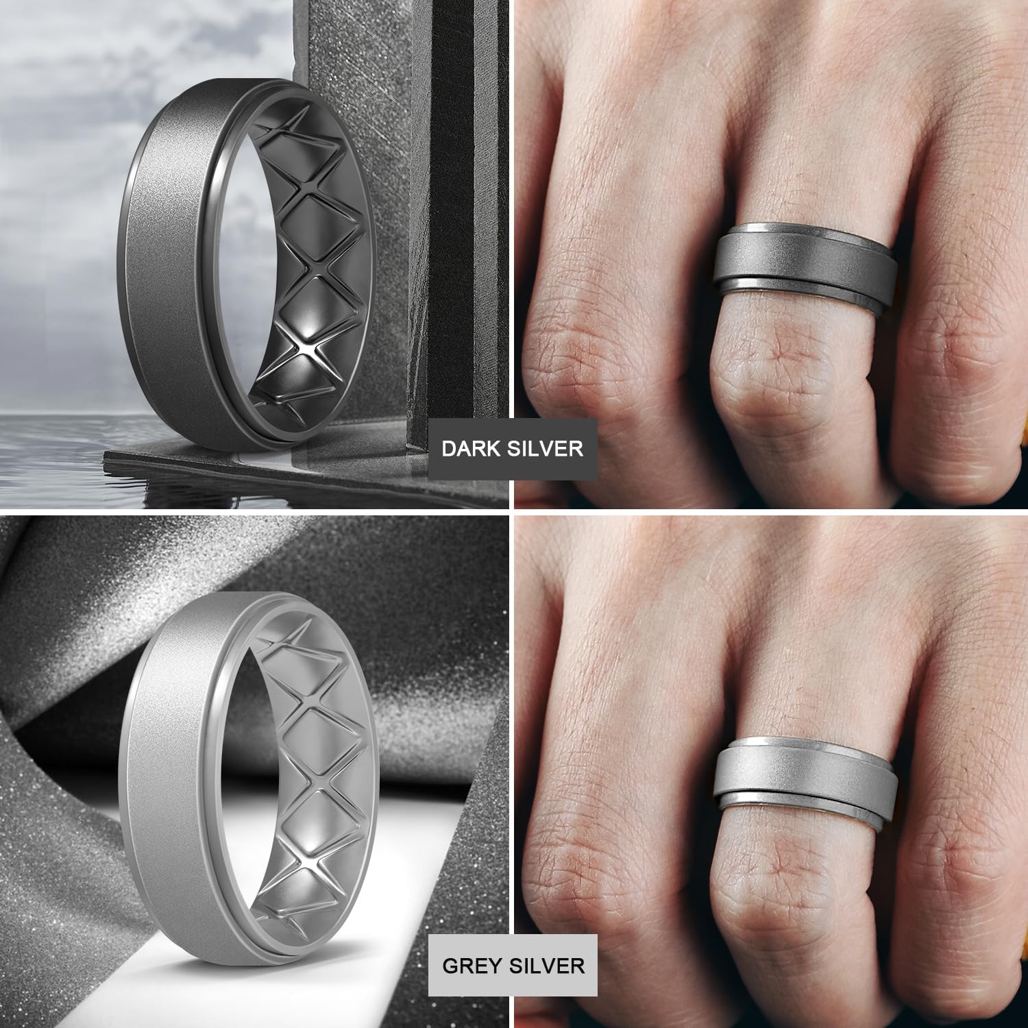 Detalle 2 de Egnaro Men’s Silicone Wedding Band Rings (8.5mm wide, 2mm thick) — Inner Arc, Breathable & Hypoallergenic