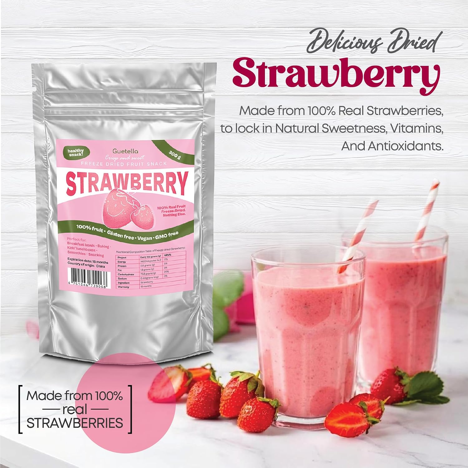 Detalle de Gefriergetrocknete Erdbeeren – Erdbeerchips, 450 g, vegan, frei von Zusatzstoffen