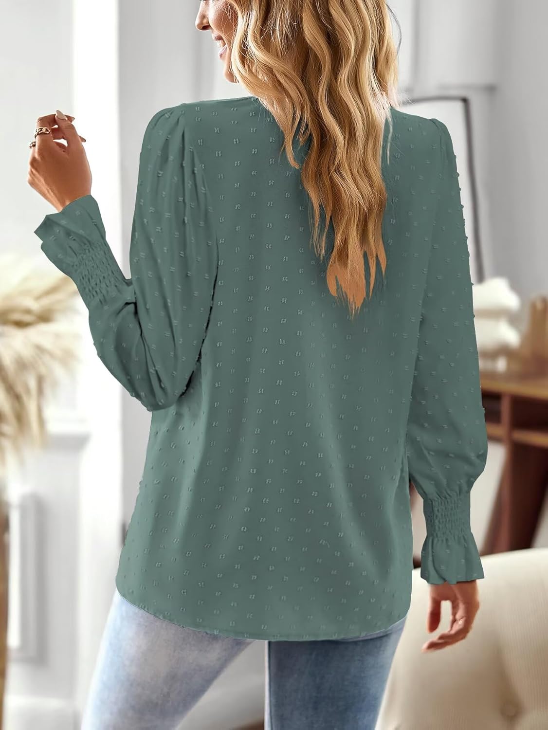 Thumbnail 2 de TUUHAW Damen Langarmshirt mit V-Ausschnitt und Häkelspitze im Boho-Stil